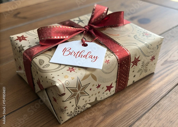 Obraz Gift of Celebration: A festively wrapped birthday gift with elegant ribbons and a personalized tag, presented on a wooden surface. The composition emanates warmth and anticipation.
