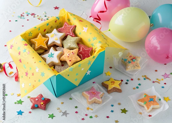 Obraz Star-Shaped Delights: Festive star-shaped cookies are presented in a colorful box, accompanied by cheerful balloons and confetti, symbolizing the sweetness of celebration and special occasions. 