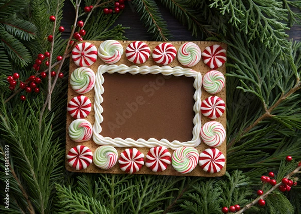 Obraz Gingerbread Photo Frame: Festive Christmas gingerbread photo frame decorated with peppermint candies, surrounded by fir branches and red berries.