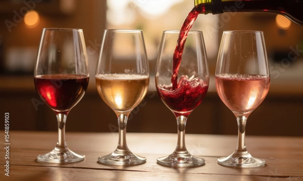Fototapeta Pouring red wine into glass alongside three other wine glasses filled with different types of wine, creating vibrant and inviting atmosphere