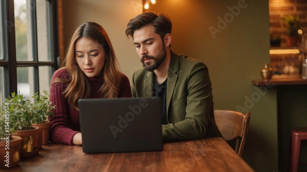 Fototapeta Couple working together on laptop in cozy cafe, surrounded by plants and warm lighting, creating focused and intimate atmosphere