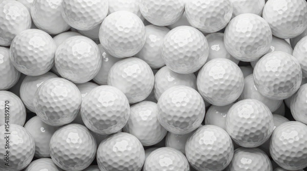 Fototapeta White golf balls stacked closely together, showcasing their textured surfaces and dimples, creating visually appealing pattern