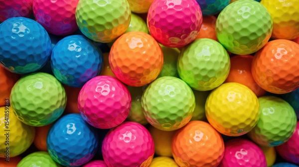 Fototapeta Colorful golf balls in vibrant shades of blue, pink, orange, and yellow create playful and energetic atmosphere
