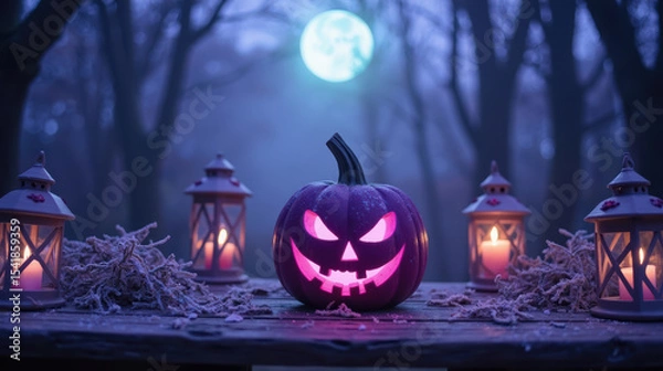 Fototapeta Spooky Halloween scene featuring carved pumpkin with sinister grin, surrounded by glowing lanterns and misty woods under full moon