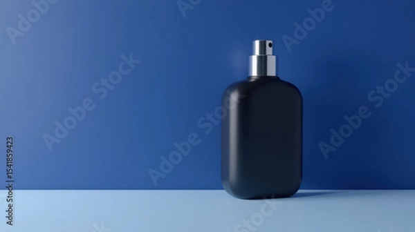 Fototapeta Sleek black perfume bottle on blue background, showcasing elegance and modern design. Perfect for fragrance advertising or product display