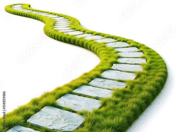 Fototapeta Stone path on green grass bending into the distance, symbolizing journey, progress, and natural scenery. Generative AI