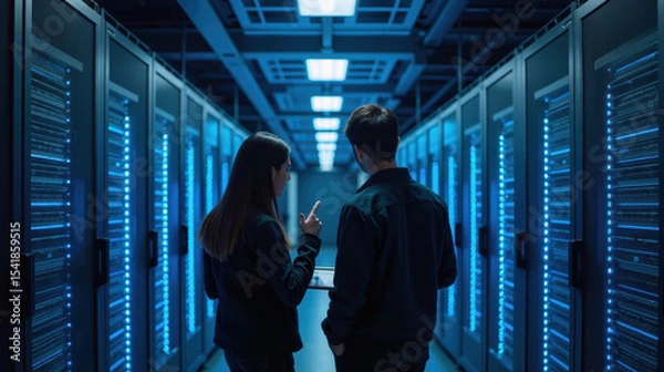 Fototapeta Data center technology servers blue lighting teamwork discussion digital modern infrastructure communication professionals computing information