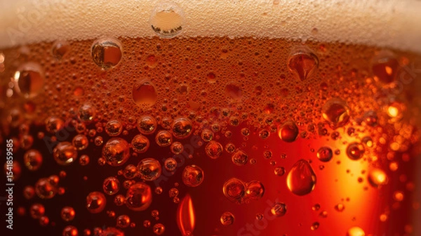 Fototapeta Bubbles rise in glass of amber liquid, creating refreshing and inviting atmosphere. texture and color enhance visual appeal