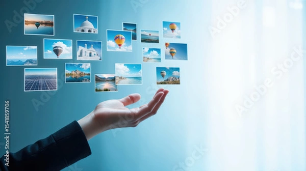 Fototapeta Innovative hand displaying floating images of landscapes, architecture, and hot air balloons, symbolizing creativity and inspiration