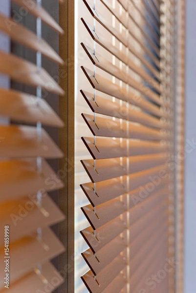 Obraz Close-up side view of wood blinds, capturing the angled slats as they filter sunlight. Made from natural materials, these blinds offer stylish light control and remain cool under direct sun. Not AI.
