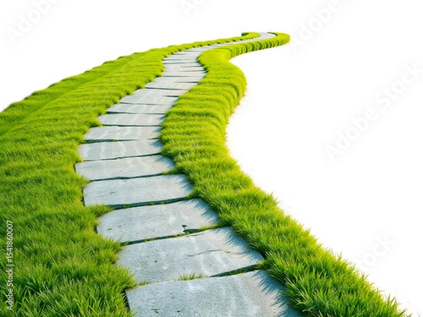 Fototapeta Stone path on green grass bending into the distance, symbolizing journey, progress, and natural scenery. Generative AI