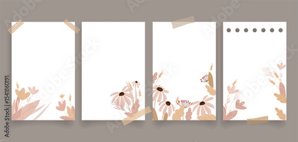 Obraz Minimal Autumn Floral Note Paper Templates set with torn tape effects, ideal for printable stationery, journaling, planners, digital scrapbooking, invitations, and note taking apps.Vector illustration