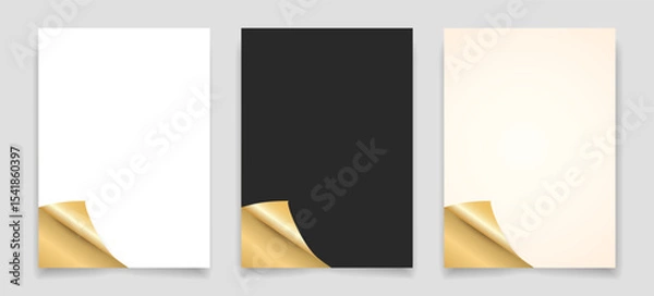 Obraz Realistic paper templates set with curled golden corners in white, black, and beige set, perfect for luxury branding, invitations, packaging design, product mockups, and business stationery.Vector