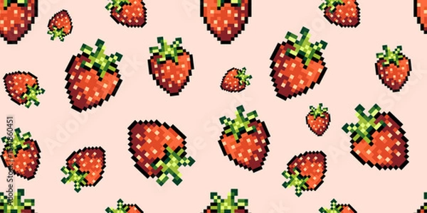 Obraz Seamless pixel art pattern of strawberries with green leaves on a soft background in a retro 8 bit style,ideal for wallpapers, mobile app backgrounds, kids' products, textile prints, packaging. Vector