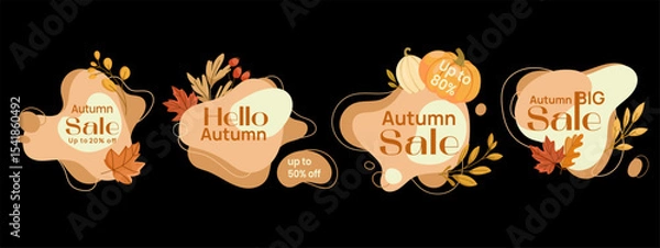 Obraz Autumn Sale banners set with leaves, pumpkins, and promotional text in warm colors. Sale Labels for e-commerce ads, social media promotions, website headers, email marketing, flyers.Vector graphics