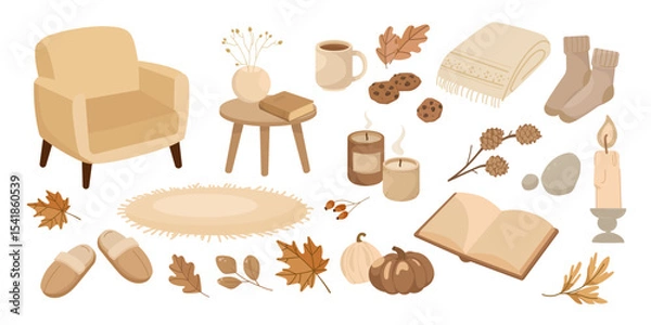 Obraz Cozy Autumn elements with armchair, candles, socks, cookies, pumpkin, leaves, book, and warm drinks in soft neutral tones Vector set. Seasonal icons, blog graphics, social media, packaging, lifestyle