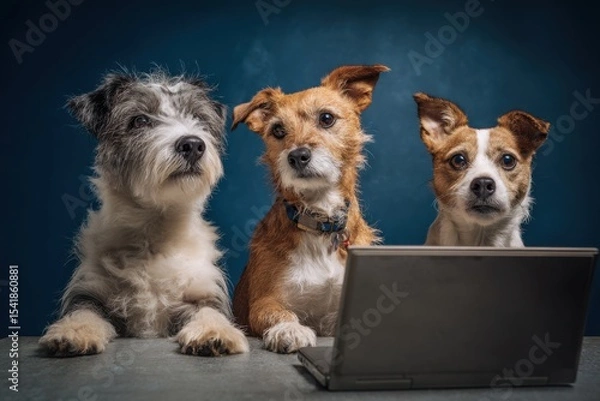 Fototapeta Three adorable dogs looking at a laptop, showcasing a heartwarming scene of canine companionship and modern technology. This captivating image is perfect for pet lovers and technol