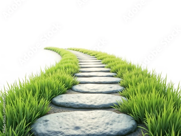 Fototapeta Stone path on green grass bending into the distance, symbolizing journey, progress, and natural scenery. Generative AI
