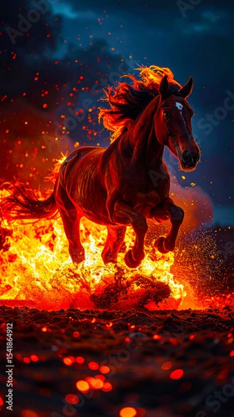 Fototapeta Dynamic image of Red Fire Horse, symbol of the year 2026 according to the oriental calendar. AI, Illustration, Generation, Generated image.