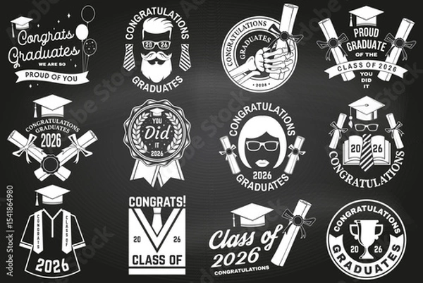 Fototapeta Set of Vector Class of 2026 badges on the chalkboard. Vector illustration. Concept for shirt, print, seal, overlay or stamp, greeting, invitation card. Typography design. For class of 2026 graduation.