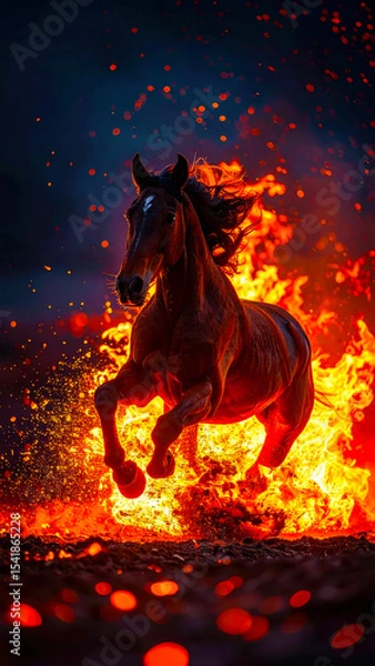 Fototapeta Dynamic image of Red Fire Horse, symbol of the year 2026 according to the oriental calendar. AI, Illustration, Generation, Generated image.