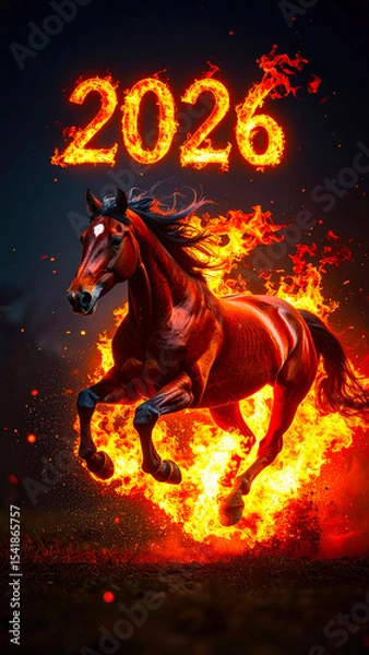 Fototapeta Dynamic image of Red Fire Horse, symbol of the year 2026 according to the oriental calendar. AI, Illustration, Generation, Generated image.
