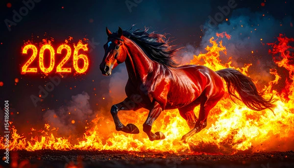 Fototapeta Dynamic image of Red Fire Horse, symbol of the year 2026 according to the oriental calendar. AI, Illustration, Generation, Generated image.