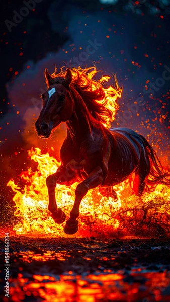 Fototapeta Dynamic image of Red Fire Horse, symbol of the year 2026 according to the oriental calendar. AI, Illustration, Generation, Generated image.