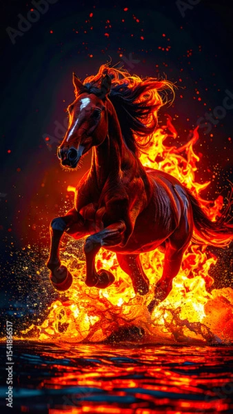 Fototapeta Dynamic image of Red Fire Horse, symbol of the year 2026 according to the oriental calendar. AI, Illustration, Generation, Generated image.