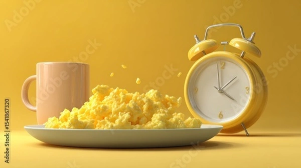 Obraz Scrambled eggs, breakfast, and a yellow alarm clock. A vibrant yellow breakfast scene with scrambled eggs spilling from a plate, a coffee mug and an alarm clock in the foreground