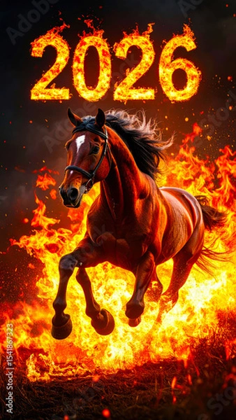 Fototapeta Dynamic image of Red Fire Horse, symbol of the year 2026 according to the oriental calendar. AI, Illustration, Generation, Generated image.