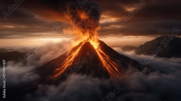 Fototapeta An awe-inspiring image of a volcano erupting with glowing lava, clouds of ash, and dramatic lighting creating an intense, captivating atmosphere of nature's power and beauty.