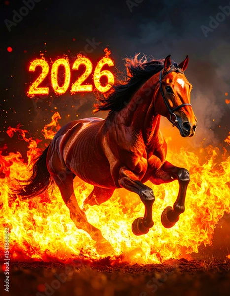 Fototapeta Dynamic image of Red Fire Horse, symbol of the year 2026 according to the oriental calendar. AI, Illustration, Generation, Generated image.
