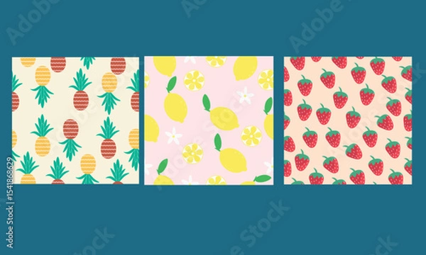 Fototapeta Set of seamless fruit patterns featuring pineapples, lemons, and strawberries in a flat, playful style. Perfect for textiles, packaging, stationery, or summer-themed design