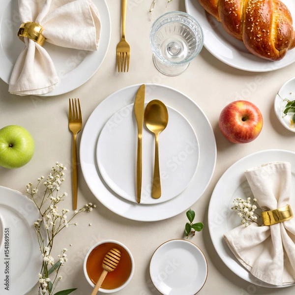 Fototapeta Rosh Hashanah Festive Table Setting with Challah, Apples, Honey, and Pomegranate