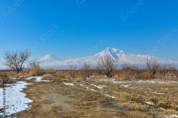 Obraz Greater Ararat and Little Ararat scenic view from Vosketap farmlands in winter  