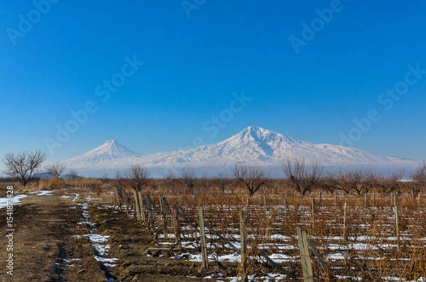 Obraz Greater Ararat and Little Ararat scenic view from Vosketap vineyards in winter  
