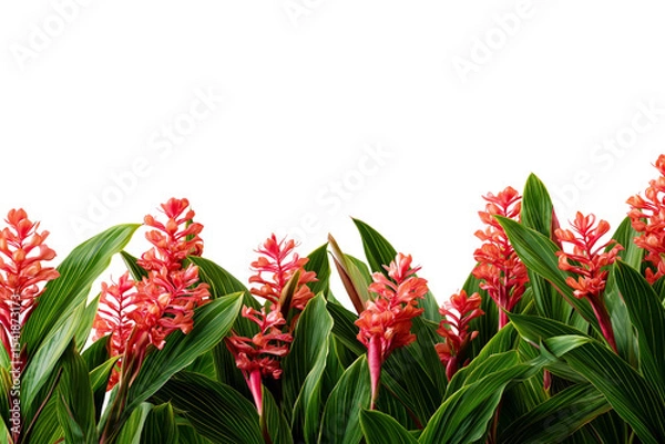 Obraz  vibrant red ginger flower against green leaves isolated on white background