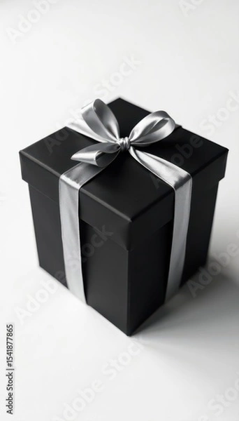 Obraz Elegant black gift box with silver ribbon, white background , present, minimal, premium