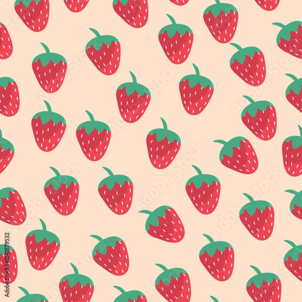 Fototapeta Charming strawberry pattern in flat design on a cream background. Ideal for children's products, sweet packaging, and fun textile designs