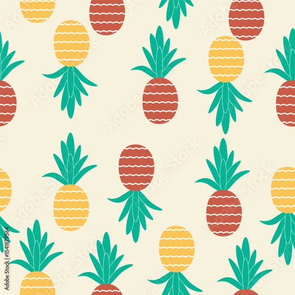 Fototapeta Bright seamless pattern with red and yellow pineapples on a cream background. Ideal for tropical-themed textiles, packaging, and summer digital projects