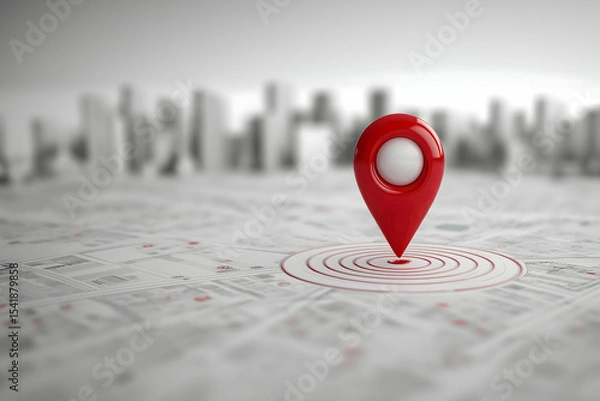 Fototapeta A red location pin marks a specific spot on a blurred city map with a skyline in the background, symbolizing navigation and urban location.