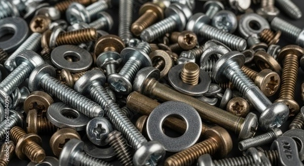 Fototapeta Industrial screws and washers pile showcasing metallic tones and varying sizes, perfect for mechanical applications