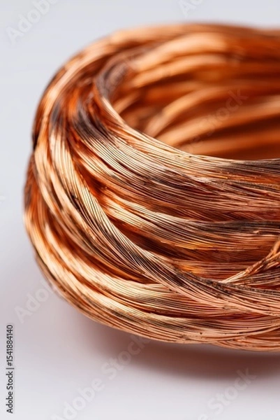 Fototapeta Close-up view of industrial grade coiled copper wire on a clean white background