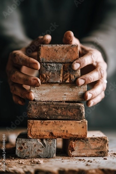 Fototapeta Hands stacking bricks in a minimalist industrial setting showcasing craftsmanship and focus