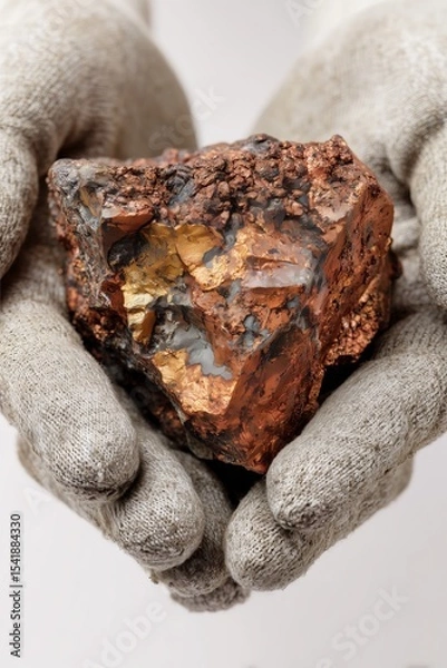 Fototapeta Raw copper ore held in gloved hands against a white background showcasing mineral texture and color variations
