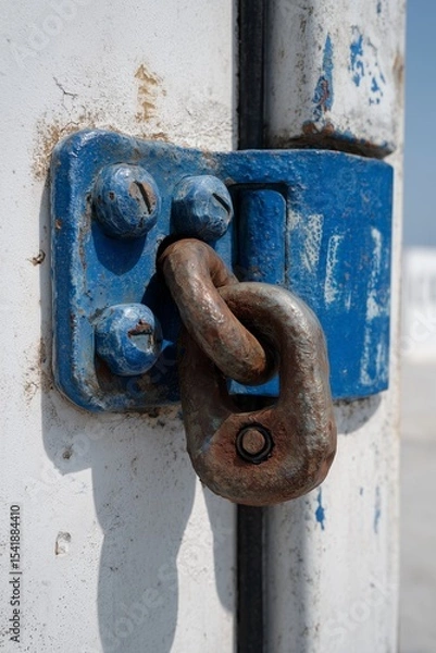 Fototapeta Close-up of an industrial container seal lock against a white backdrop showcasing detailed mechanics