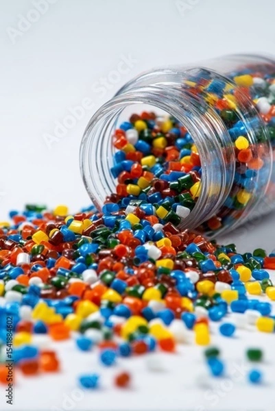 Fototapeta Colorful plastic resin pellets spilled on a surface for industrial use