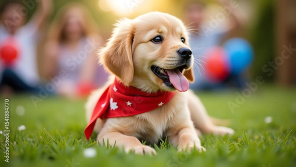 Fototapeta Adorable Golden Retriever Puppy In Red Bandana ol.Generated with AI