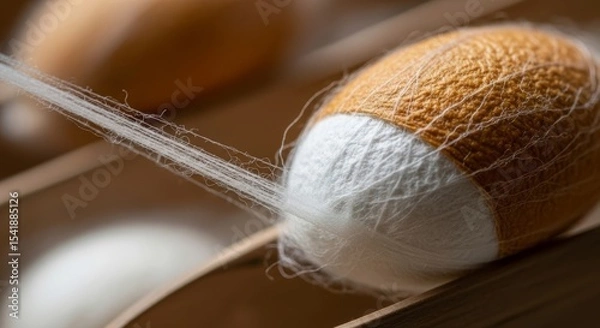 Fototapeta Close-up of white silk yarn being reeled from a cocoon in a textile workshop